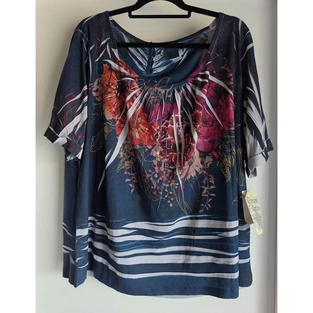 NWT Ransom Collection Blouse Size 26/28 Floral Blue Short Sleeve Top Shirt